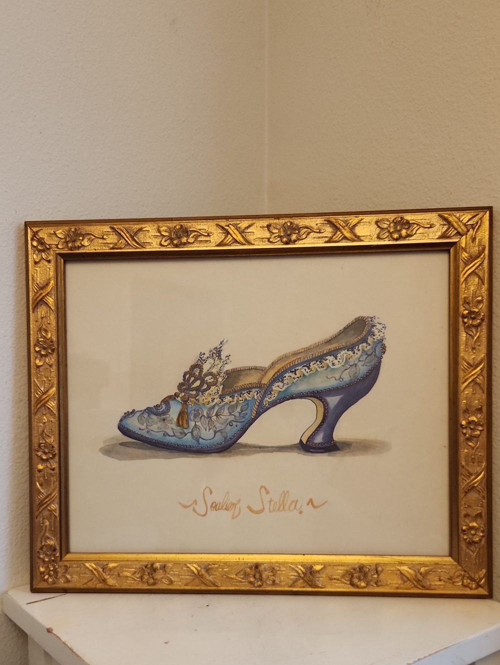 ♤ Large Gold Framed Blue Decorative Heeled Shoe Art Print
